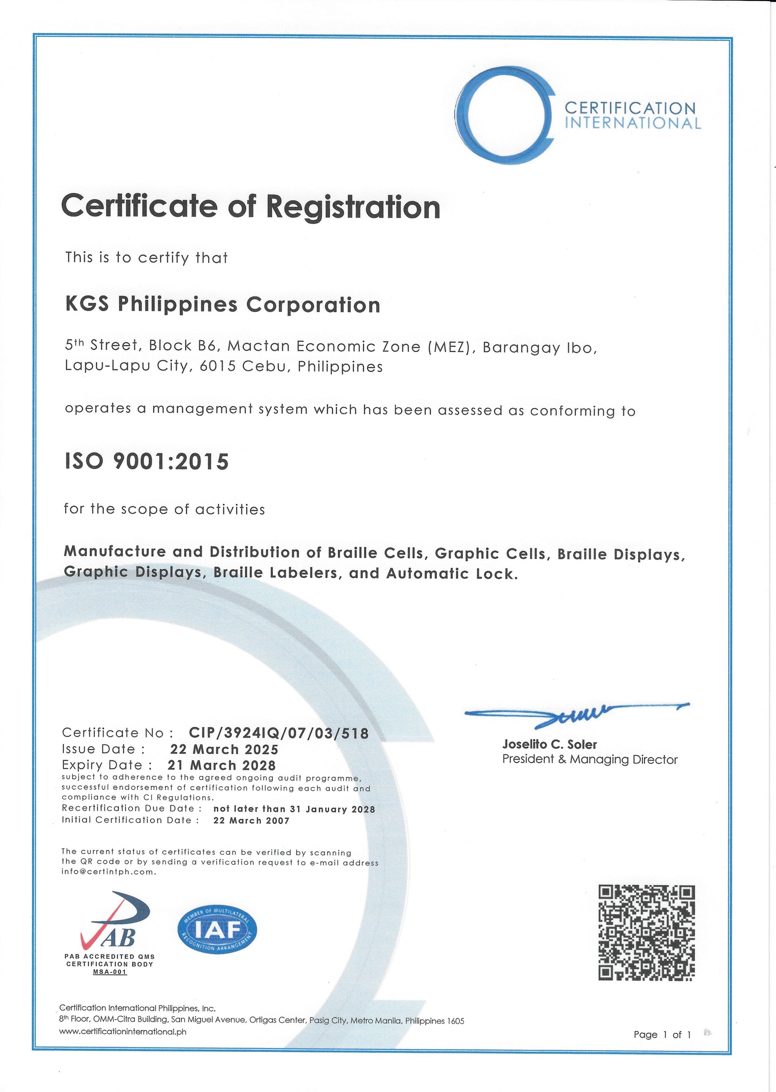 Photo: Certificate of Certification Acquisition